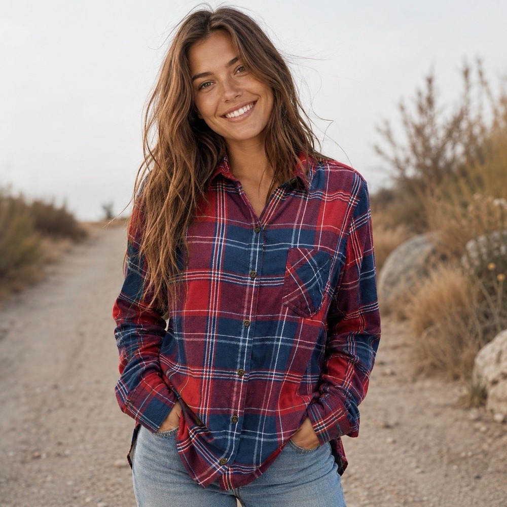 FIELD AND STREAM Red Blue Plaid Flannel Button Down Shirt Womens Medium Classic